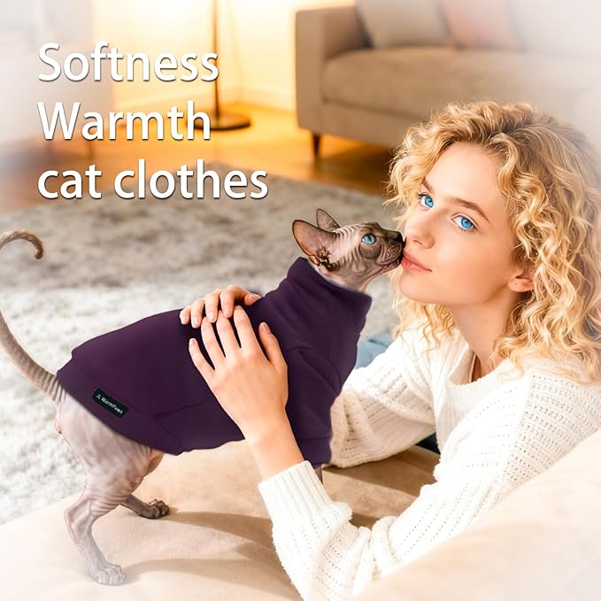Fleece Sphynx Cat Clothes Soft Hairless Cat Clothes Pullover Cat Sweater for Chihuahua All Season Light and Warm Kitten Cloth Only Puppy Clothes Small Dog Sweater (Dark Purple, L)