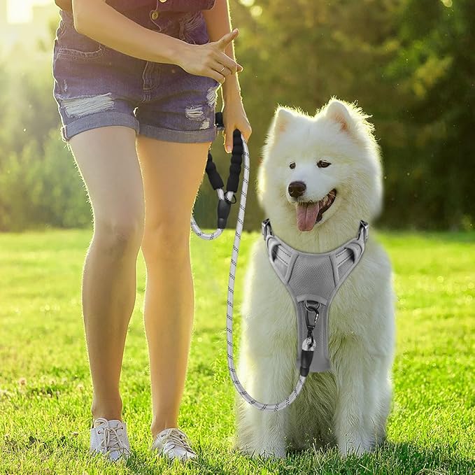 BARKBAY Dog Harness No Pull with ID Tag Pocket - Heavy Duty, Reflective, Easy Control for Large Dogs(Grey,M)