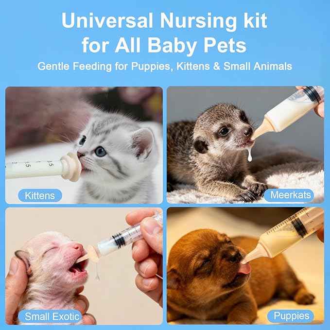 Kitten Puppy Nursing Bottle Set with Nipples, BPA Free Formula Dispenser, Feeding Syringe for Newborn Baby Animals