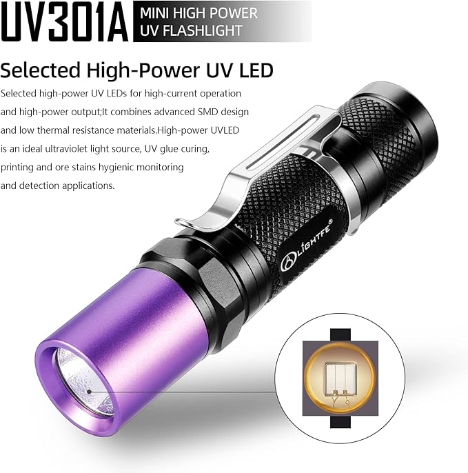 LIGHTFE Black Light UV301-395nm UV Light AA batery Blacklight uv Torch for UV Glue Curing, Rock and Mineral Identification, Fluorescent Agents, Pet Urine, Stain Detection, AC Leakage Detection.
