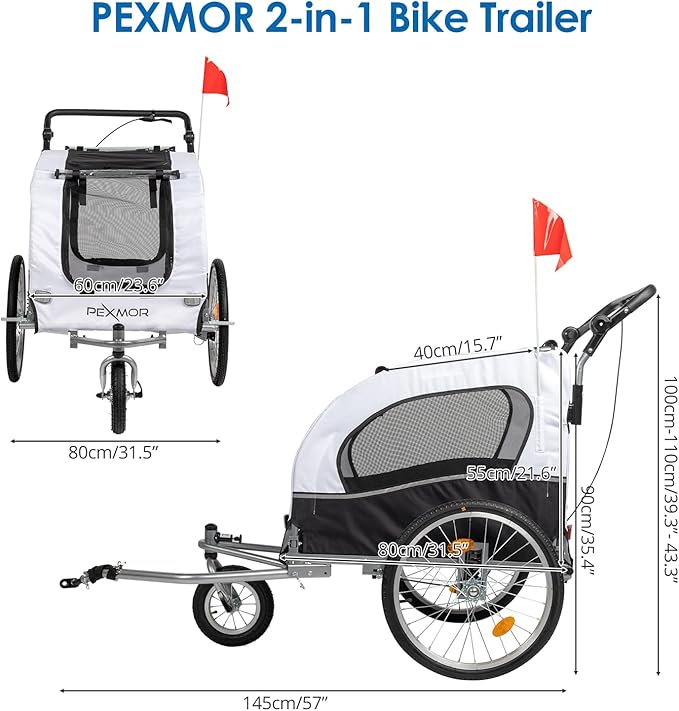 PEXMOR 2-in-1 Dog Bike Trailer & Stroller, Universal Hitch, Pet Cart Bike Wagon Cargo Carrier with Shock Absorber & Universal Wheel