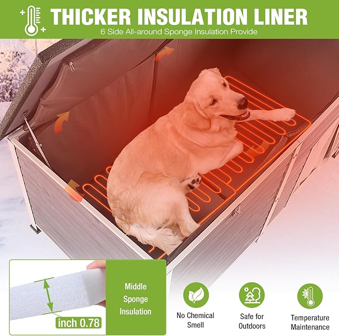GUTINNEEN Extra Large Heated Dog House Insulated Dog Kennel with Safe Thermostat-Controlled Heating Pad, Chew-Proof Metal Frame, 6-Sided Thermal Liner for Large Dog Breeds, 59.1"x31.9"x35.4" (Grey)