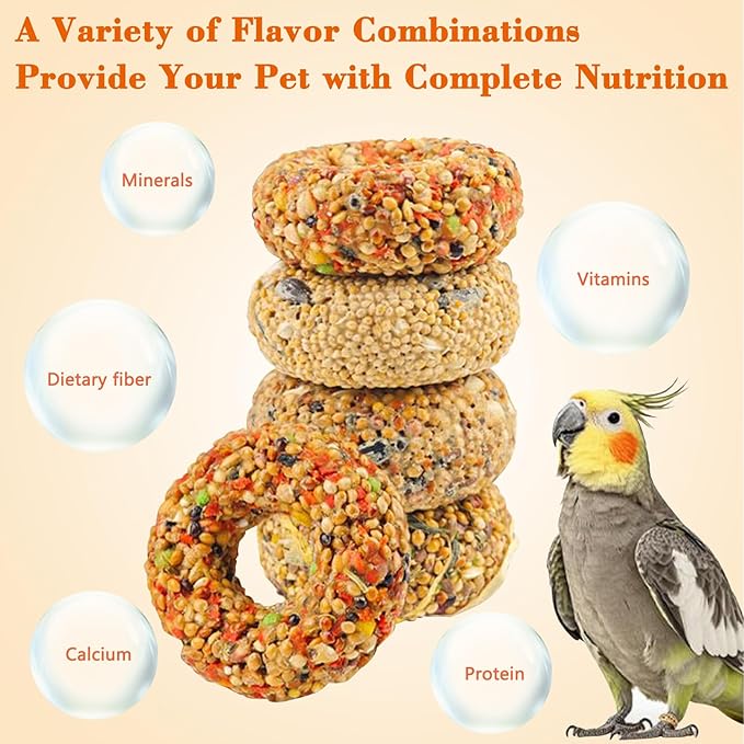 Fhiny Parakeet Treats, 4 PCS Donut Shaped Natural Grain Cockatiel Food with Fruits Vegetables Flowers and Herbs for Parrot Conure Lovebird Training Rewards and Beak Grinding