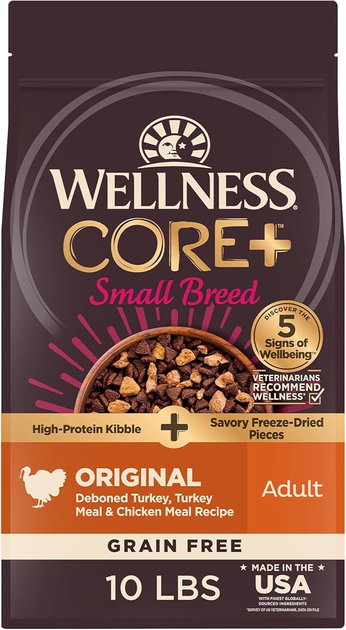 Wellness CORE+ Small Breed Adult Dry Dog Food with Freeze Dried Pieces, Grain Free Kibble+, Natural, High Protein, Turkey and Chicken Recipe, 10 lb Bag