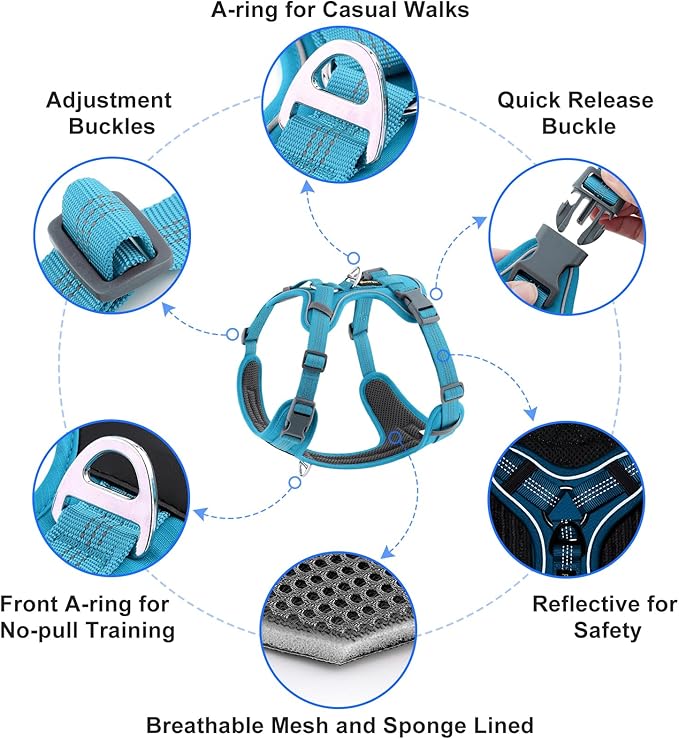 Plutus Pet No Pull Dog Harness, Release at Neck, Soft Padded, Reflective Adjustable Dog Vest Harness for Small, Medium, Large Dogs(Light Blue, M)