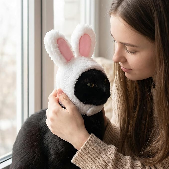 Bunny Rabbit Hat with Ears for Cats and Small Dogs Cute Plush Cat Costume Headwear for Easter Halloween