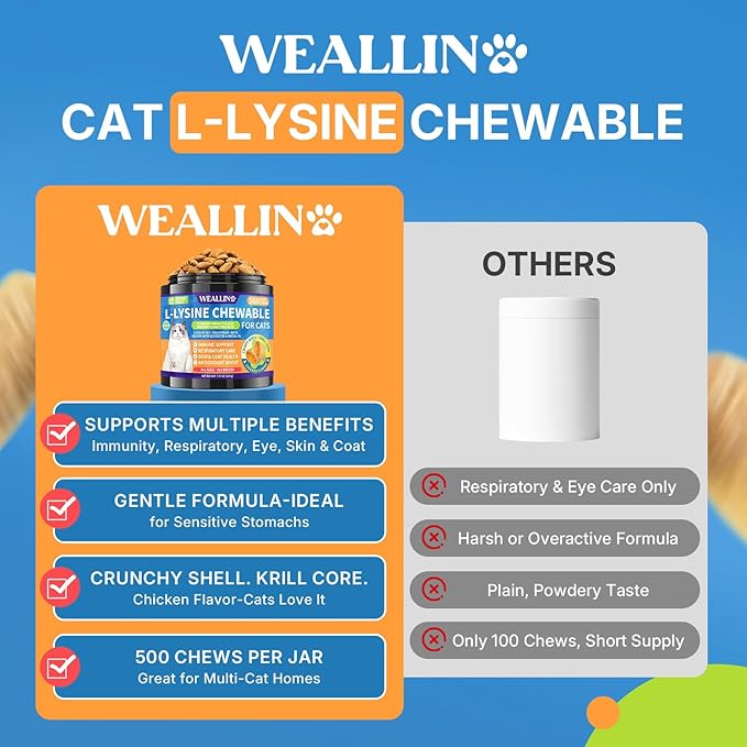L-Lysine Chews for Cats 500 Chews, Immune & Respiratory Support Crunchy Shell with Krill Core, with Colostrum & Omega-3s for Sneezing and Runny Nose, Chicken Flavor, for All Ages & Breeds Cats