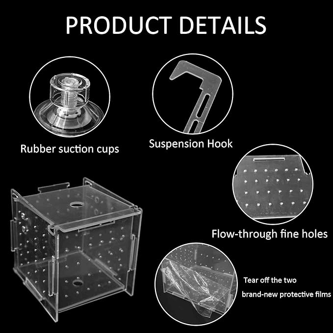 3 x 3 x 3 inch Acrylic Fish Breeding Box, Transparent Isolation Hatchery Incubator with Suction Cups for Guppy Shrimp Small Baby Fishes Aquarium Nursery Tank