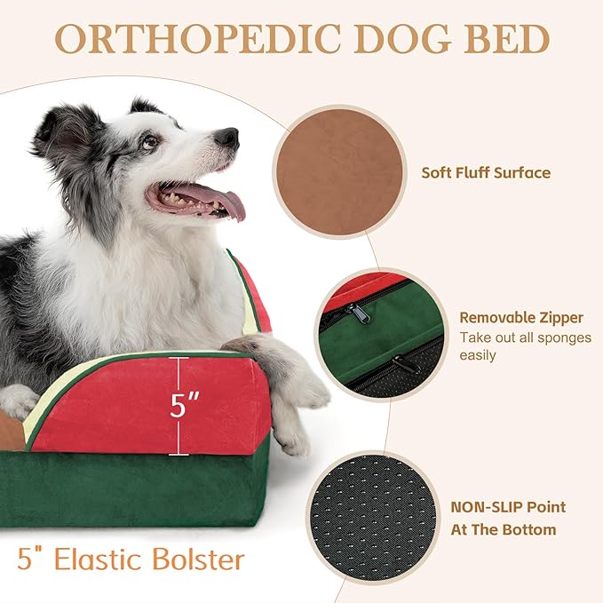 Comfort Expression Orthopedic Dog Bed for Large Dogs 36x27 Inch, Waterproof Egg Crate Foam Large Pet Bed with Removable Bolsters, Dog Couch with Washable Cover & Non-Slip Bottom, Watermelon Mist