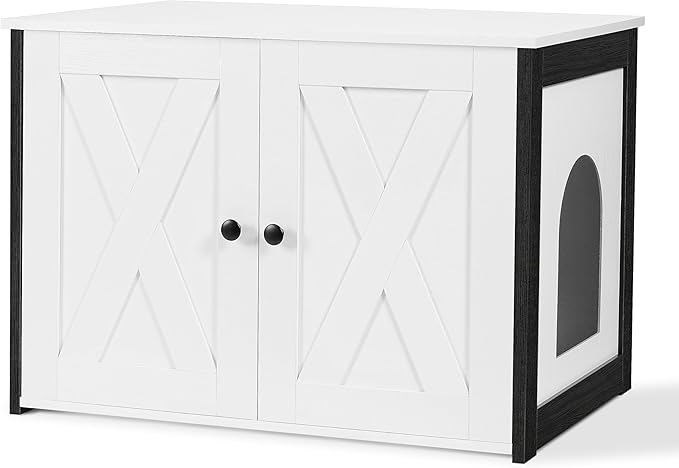Dwanton Litter Box Enclosure, Cat Litter Box Furniture Hidden, Reversible Entrance Can Be on Left or Right Side, Wooden Cat Washroom Indoor, White, 27.6 Inches