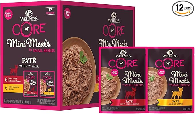 Wellness CORE Small Breed Mini Meals Pate Variety Pack Adult Wet Dog Food, Grain Free, Natural, 3 oz, Pack of 12