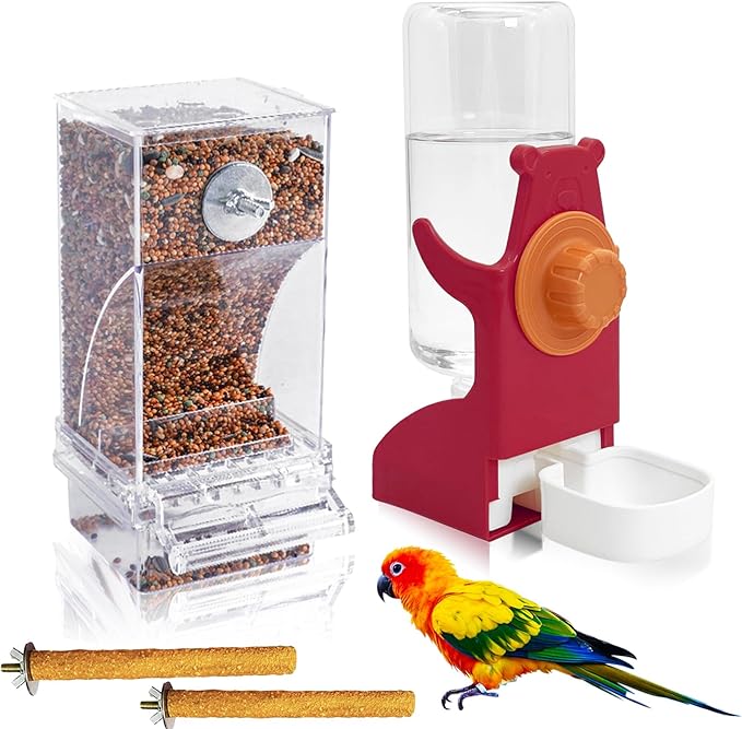VCEPJH No Mess Bird Feeder and Water Dispenser Automatic Parrot Feeder Cage Accessories Orange Bird Drinker Parakeet Seed Dispenser with Cage Perch for Lovebirds Conures Budgies Canary Finch (Red)