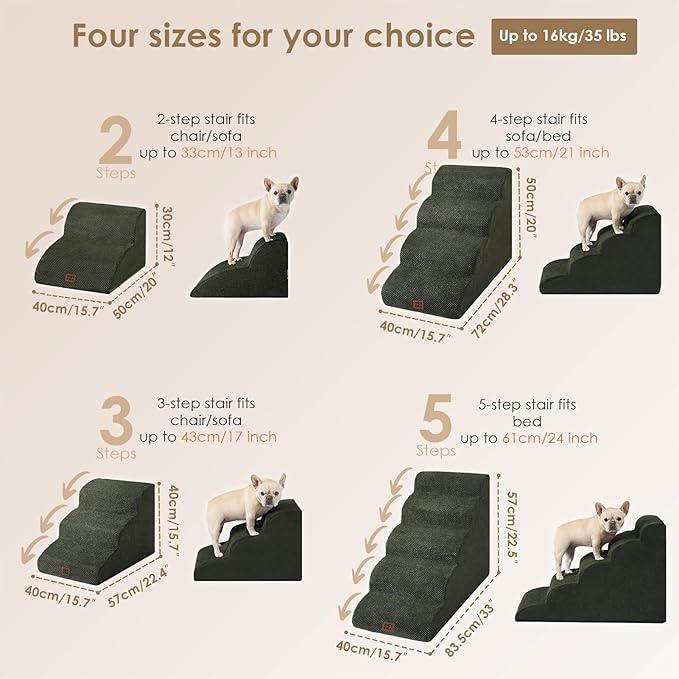 EHEYCIGA Curved Dog Stairs Ramp for High Beds 19.7" H, 4-Step Dog Steps for Small Dogs and Cats, Pet Stairs for High Bed Climbing, Non-Slip Balanced Pet Step Indoor, Military Green