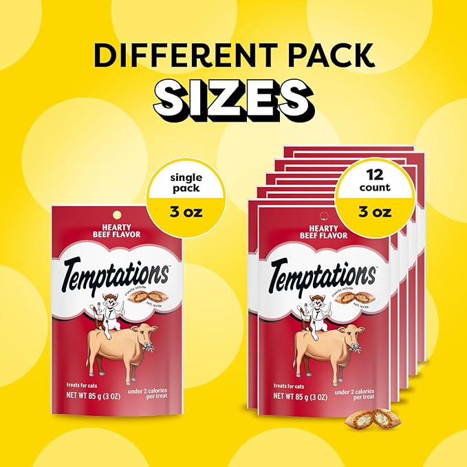 Temptations Classic Soft Cat Treats, Hearty Beef Flavor, Crunchy Cat Treats, 3 oz. Pouch (Pack of 12)