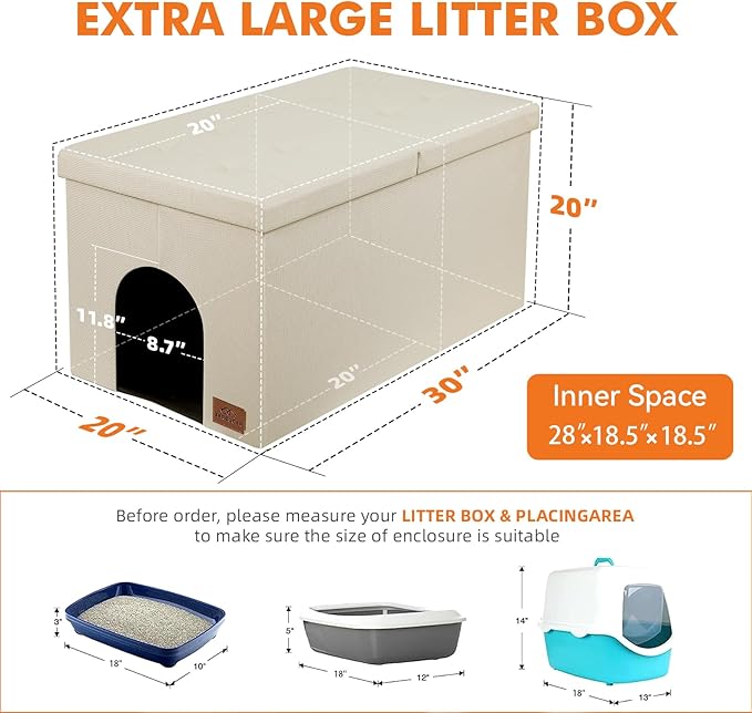 3-in-1 Cat Litter Box Enclosure for Odor Control, Hidden Litter Box Furniture Cabinet Ottoman with Flip-Up Lid, Multi-Functional Bench with Storage Footrest, Dog Proof (Cream, X-Large)