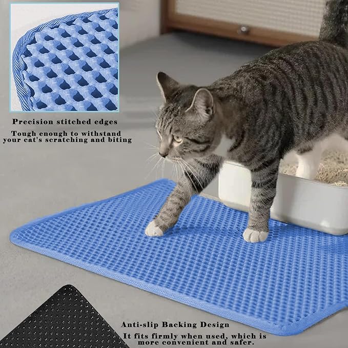 HCY&WLD Cat Litter Mat, Honeycomb Double Layer Cat Litter Trapping Mat, Waterproof Urine Proof Non-Slip, Scatter Control, Less Waste, Easier to Clean (Blue, 30" X 22")