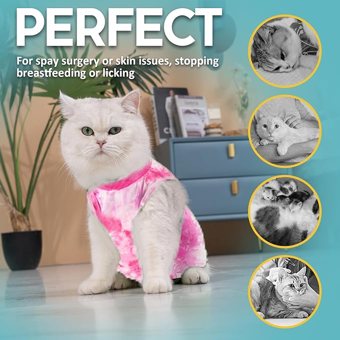 Avont Cat Recovery Suit - Kitten Onesie for Cats After Surgery, Cone of Shame Alternative Surgical Spay Suit for Female Cat, Post-Surgery or Skin Diseases Protection -Tie-dye Pink(L)
