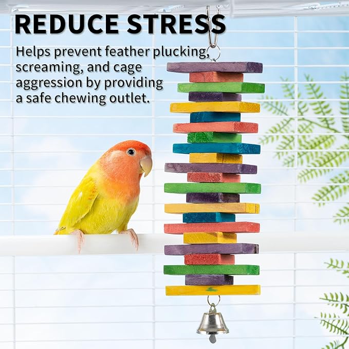 2 PCS 9.84" Multicolored Bird Toys - Stress Relief Chew Parrot Toys, Natural Wooden Blocks, Hanging Bird Cage Accessories, for Parakeets Cockatiels Conures Budgies African Grey Macaws Amazon Parrots