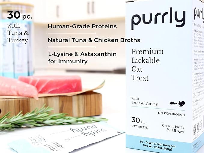Purrly Lickable Cat Treat Healthy Human-Grade Tuna & Turkey with L-Lysine & Astaxanthin for Immunity (30 Count) Soft Low Calorie Hydrating Interactive Snack Wild-Caught Farm-Grown Grain-Free