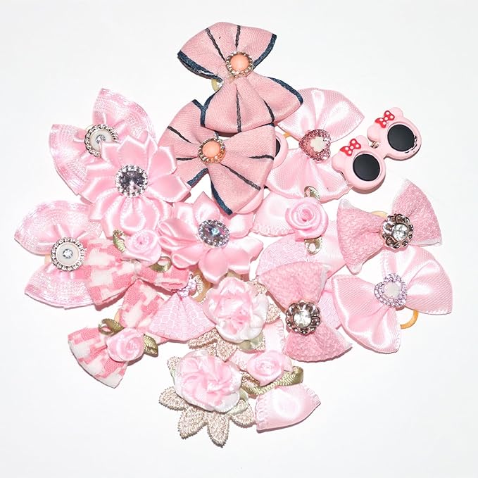 Dog Hair Bows, 20 Pack Pink Pet Accessories with Rhinestones and Pearls, Decorative Grooming Bows for Small to Medium Dogs