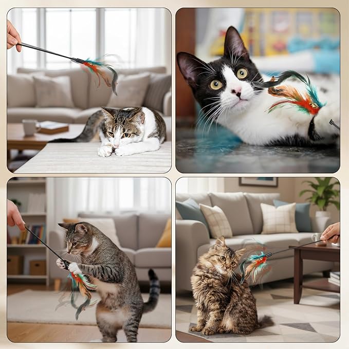 Leitee 50 Pcs Cat Wand Toy Feather Stick Cat Toy Feather Toys and Teaser Wand Bulk Interactive Stick for Indoor (Multi-Color)