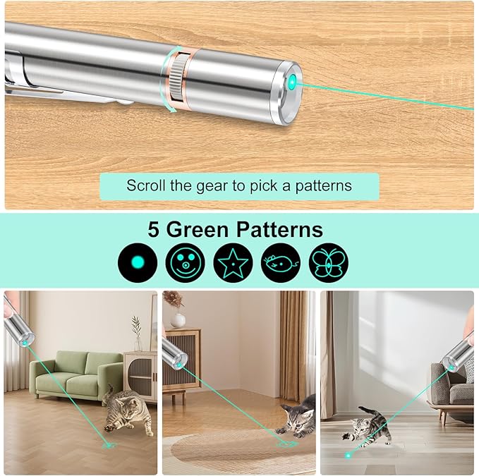 TBTeek Cat Toy, Green Light, with Metal Case, Rechargeable, 7 Patterns, Interactive Kitten Pet Dog Chase Light Toy for Fun Playing Exercise (2 Pieces)