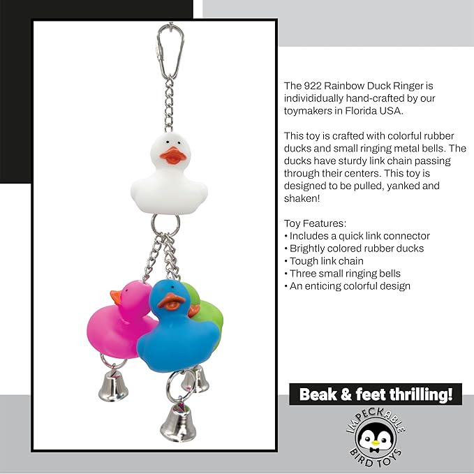 922 Rainbow Duck Ringer Bird Toy 8" - Handcrafted Hanging Rubber Ducky Cage Accessory with Bells for Budgies, Conures Lovebirds & Cockatiels - Interactive Sensory Play & Foraging Fun for Small Parrots