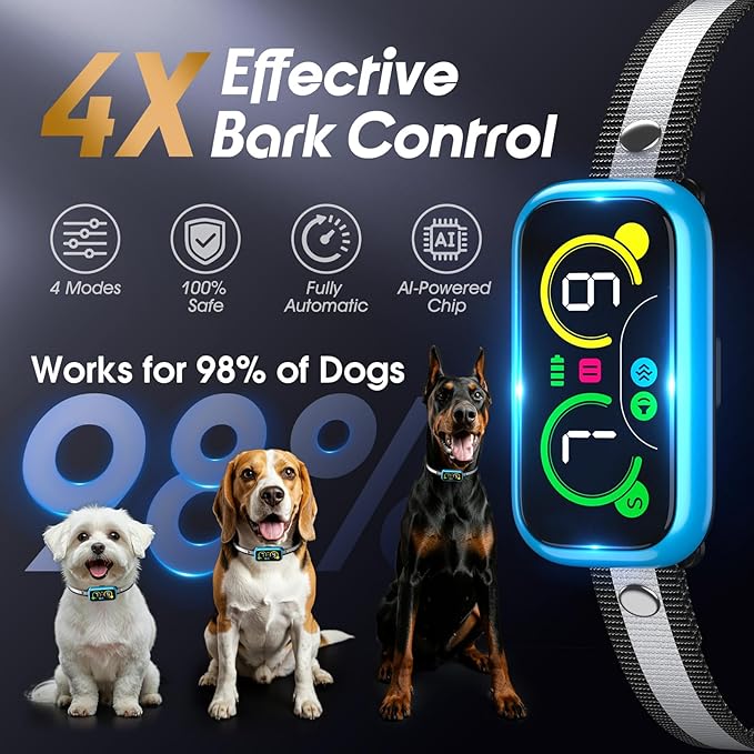 Dog Bark Collar Pro, Instant Bark Solution, Smart Anti Barking Device with 4 Correction Modes, Fast-Acting Barking Collar for for Large Medium Small Dogs 5-150lbs, Ideal for Home & Outdoor Use