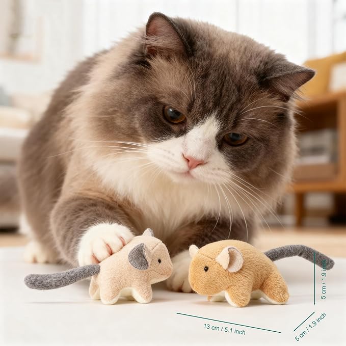 Plush Catnip Mice Toys with Rattle Sound- 2 Pcs Interactive Cat Toys for Indoor Cats, Durable Stress Relief Eco-Friendly Small Mouse Chew Playthings（with Catnip Bag