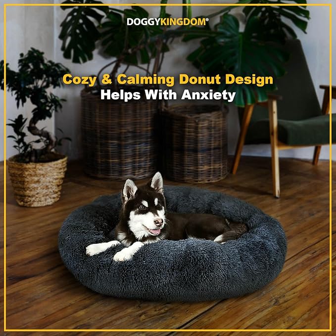 Calming Round Donut Dog Bed Pillow, Washable, Anti Anxiety, Anti-Slip, Cozy Soft Cuddler Comfort Bed with Fluffy Plush Faux Fur for Large Medium Small Sized Dog - Gray, S 28 inch