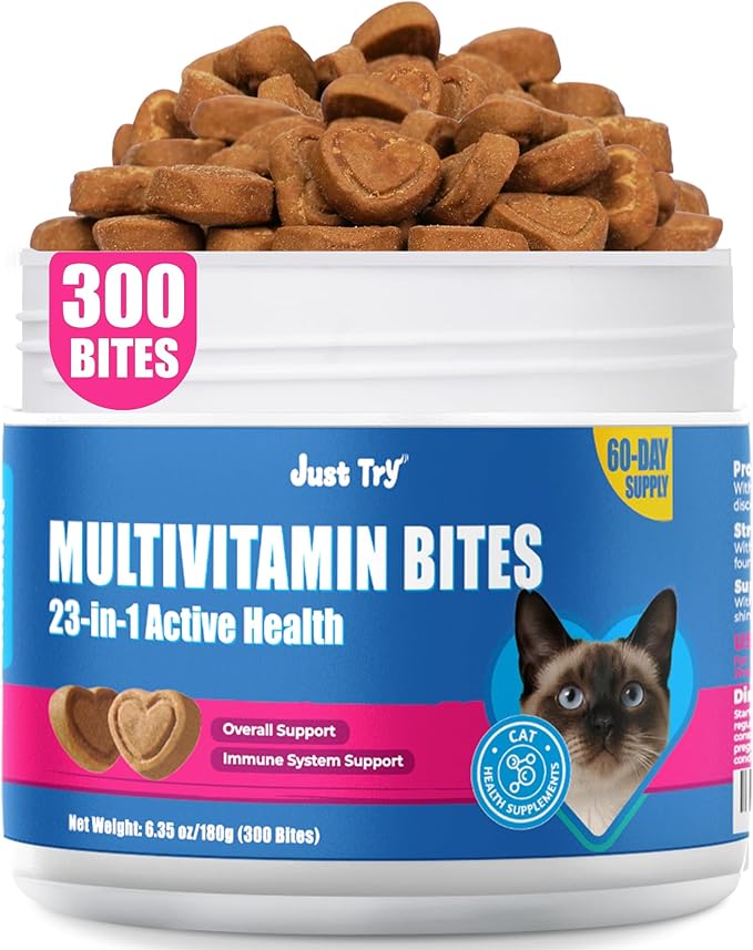 Just Try 23 in 1 Taurine for Cats Vitamins Treats with L-Lysine for Immune, Joint Support Skin & Coat & Heart Health - Multivitamin, HIV Omega 3, Biotin Supplements for Indoor & Senior Cat - 300 Bites