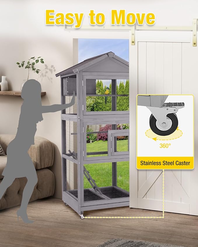 Large Bird Cage with Wheels - Wooden Aviary Large Mobile Bird House with Play Stand, Perches & Nest, Easy-Clean Mesh Design for Outdoor
