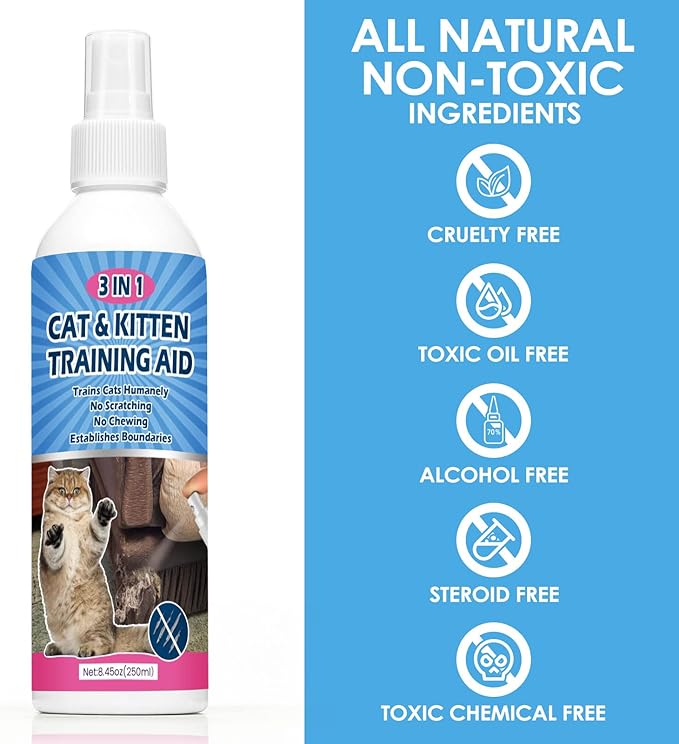 Natural Cat Deterrent Spray, 8.45 FL Oz Cat Repellent Indoor for Cat and Kitten, Anti-Scratch Cat Training Spray for Furniture, Curtain, Floor & Plant, Indoor & Outdoor Use