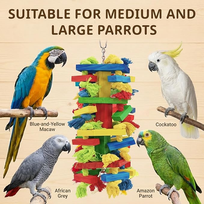 Large Parrot Toys Natural Wood Bird Toy Multicolored Chewing Gifts for Large Medium Macaws, African Grey, Parakeets and Amazon Parrots