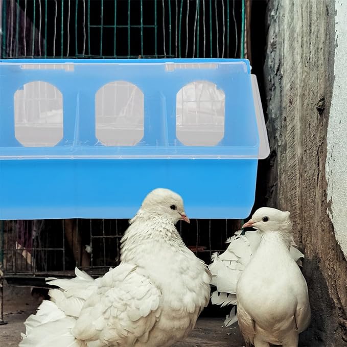 2pcs Hanging Bird Feeder Bowls with Lid, 3-Compartment Plastic Pigeon Feeders for Cage, Multipurpose Poultry Feeding and Watering Supplies in Blue