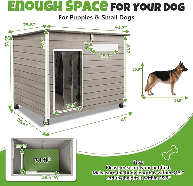 Large Wooden Dog House Outdoor, XL Weatherproof Dog Houses with Adjustable Vent Windows, Alloy Chew-Resistant Frame, Removable Floor for Medium & Large Dogs (43.3" Lx26.4 W x33.7 H)
