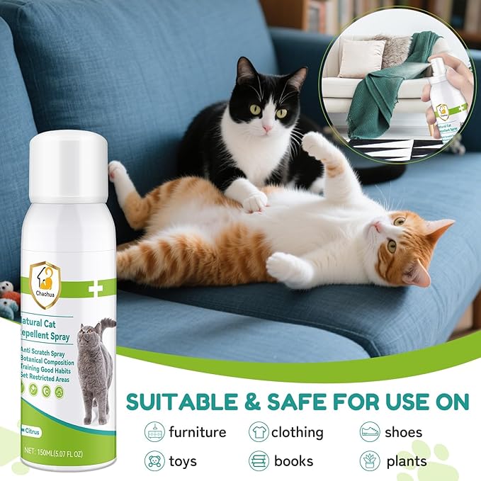 Cat Deterrent Spray, Natural Cat Repellent for Indoor & Outdoor Use, Safe Anti-Scratch Furniture Protector, Effective Cat Training Aid Spray for Sofa, Carpet & Door 150ml