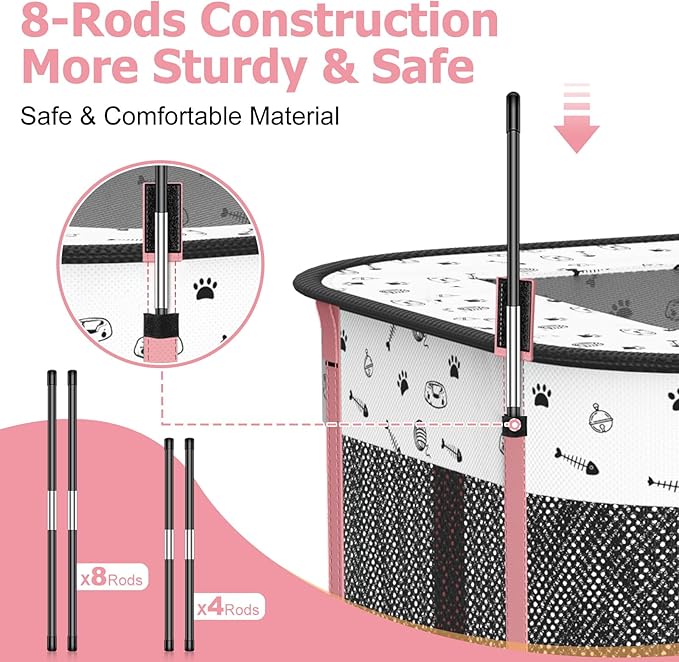 Portable Cat Playpen with litter box area, Foldable Pet Dog Playpen, for Kitten Puppy Play Pen Indoor/Outdoor, Cats Enclosure Cages Tent with Carrying Case, 600D Oxford 8-Rods, 32"x24"x22", Pink