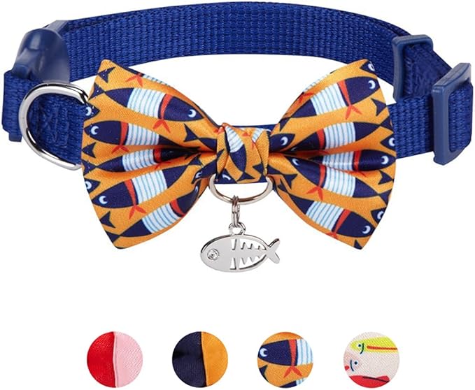 Blueberry Pet Timeless Navy Blue Cat Collar with Bells, Chic Fish Print, Handmade Bow Tie, Christmas Cat Collar, Adjustable 9"-13", Eco-Friendly, PRECIOSA Crystal, Gift for Cat Lovers