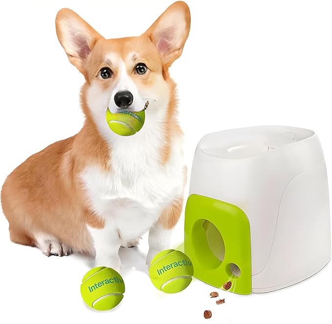 Automatic Tennis Ball Thrower, Dog Feeder and Launcher Toy Ball，Multipurpose Dog Launcher and Treat Dispenser, Automatic Tennis Toy with Rewards for Small and Medium Size Dogs