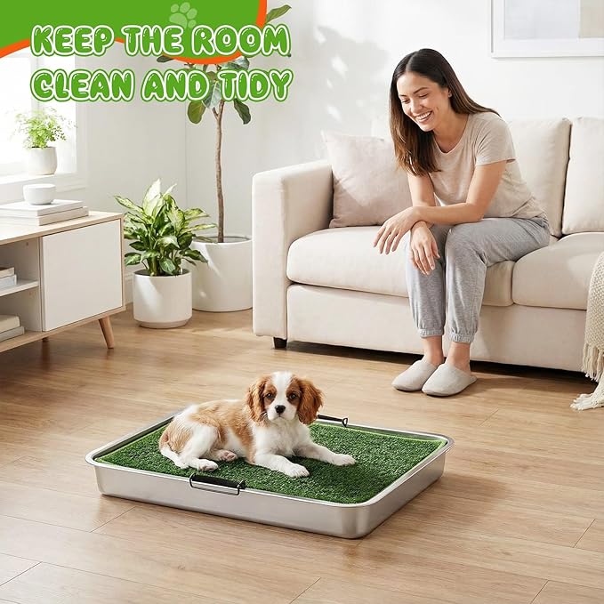 Shimeyao 2 Sets 3-layer Stainless Steel Dog Potty Tray with Artificial Grass Pad, Support Grid & Removable Stainless Steel Tray, 23.6" x 15.8" Portable & Reusable Dog Litter Box for Indoor Outdoor Use