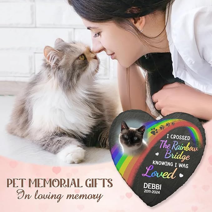 DOPTIKA I Cross The Rainbow Bridge Cat Memorial Gifts, Personalized Pet Memorial Stones, Cemetery Decorations for Grave, Cat Memorial Gifts for Loss of Cat, Pet Loss Gifts, Cat Remembrance Gifts
