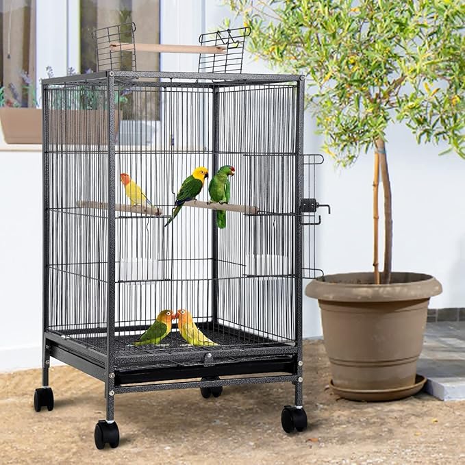 35 Inch Bird Cage with Stand Parrot Cage for Large Birds Parakeet Cages Wrought Iron Parakeet Birdcage with Play Open Top, Bottom Tray, 2 Feeders for Parakeets, Canary, Cockatiel