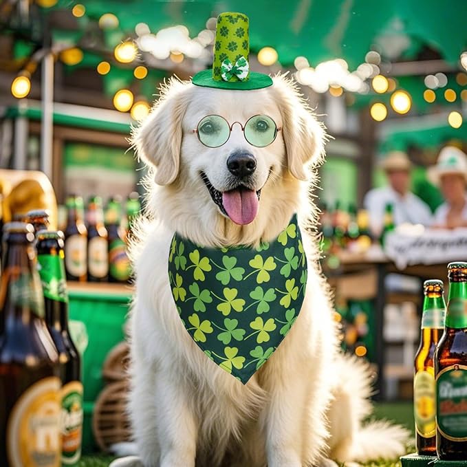 3 Pcs St Patrick's Day Pet Costume Set Cat Bandna Hat and Sunglasses for Small Medium Dogs Holiday Party Outfits