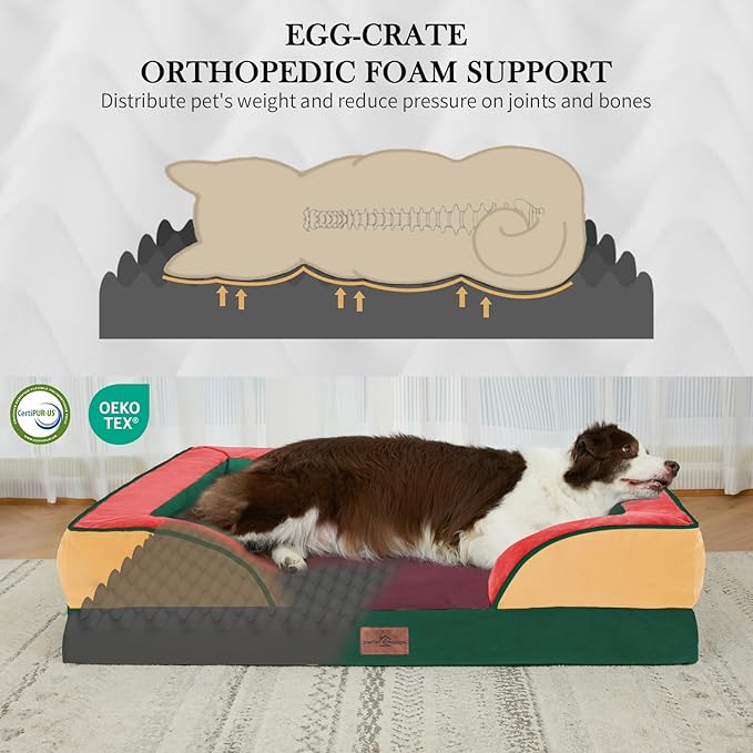 Comfort Expression Orthopedic Dog Bed for Extra Large Dogs 45x35 Inch, Waterproof Egg Crate Foam XL Pet Bed with Removable Bolsters, Dog Couch with Washable Cover & Non-Slip Bottom, Watermelon Meadow