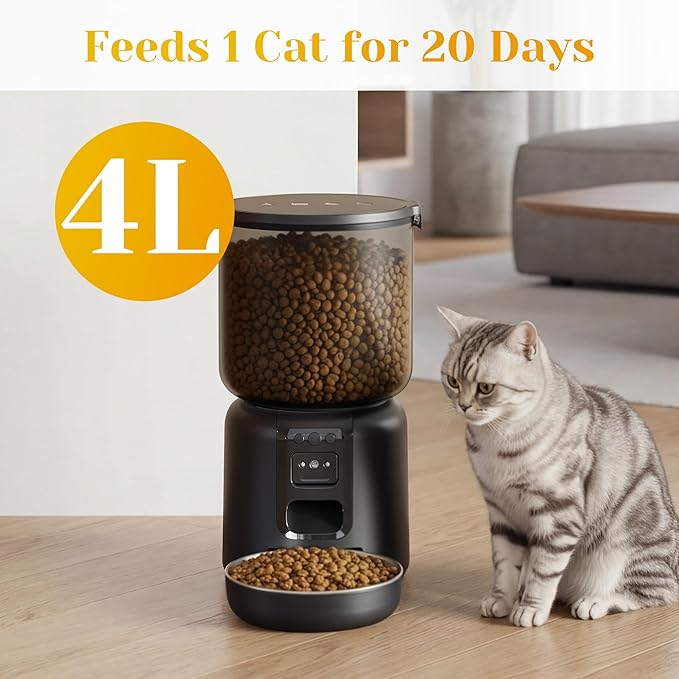 Automatic Cat Feeder with 1080p HD Camera, Automatic Dog Feeder with App Control via 2.4G/5G WiFi, Dual Power System & Voice Recording, 4L Food Dispenser for Cats and Small Dogs, Black