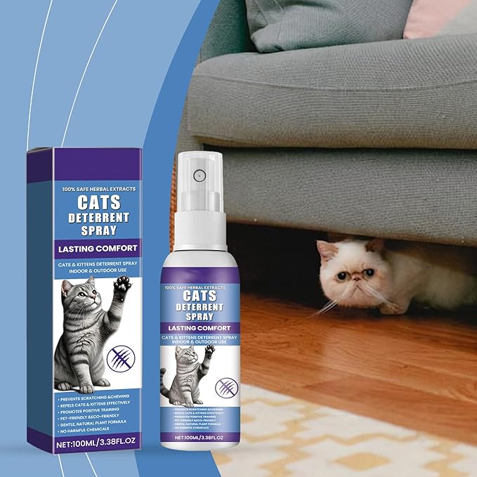 Cat Repellent Spray - Indoor/Outdoor Cat Deterrent Training Aid, Natural Plant-Based Formula to Stop Scratching, Jumping on Counters, and Spraying Behavior