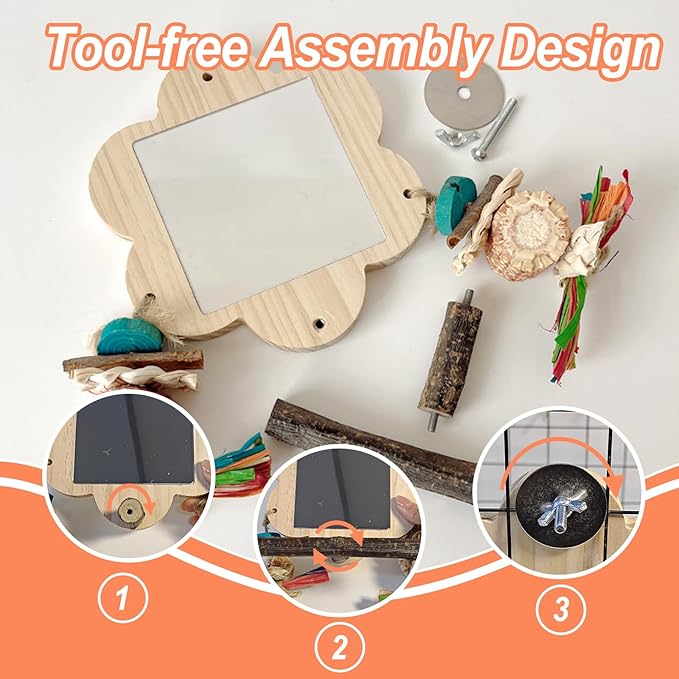 Bird Mirror with Perch, Cockatiel Mirror for Cage, Parakeet Toys with Chew Toy,Bird Cage Accessories for Parrot Conure Lovebirds Finch Canaries(Pinecone)