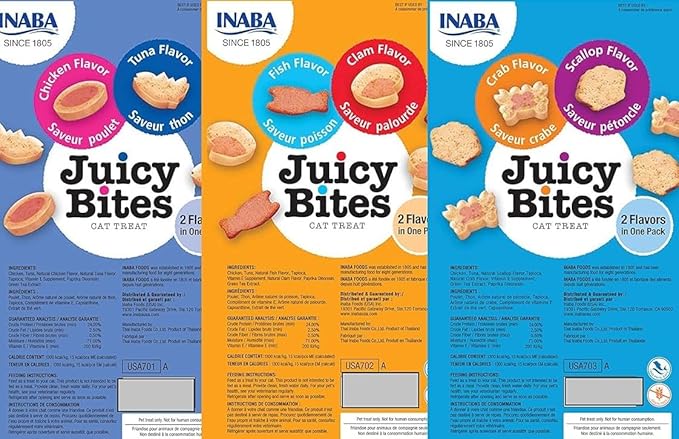 INABA Juicy Bites Grain-Free, Soft, Moist, Chewy Cat Treats with Vitamin E and Green Tea Extract, 0.4 Ounces per Pouch, 9 Pouches Total (3 per Bag), 3 Flavor Variety Pack