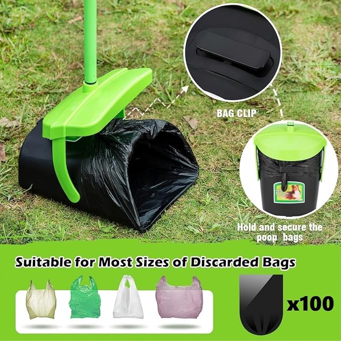 MXF Pooper Scooper Swivel Bin & Rake Kit with 100 Waste Bags, 36.6" Long Handle Dog Poop Scooper with Bag Attachment for Large Medium Small Dogs, Poop Scooper for Lawn Yard Dog Kennel